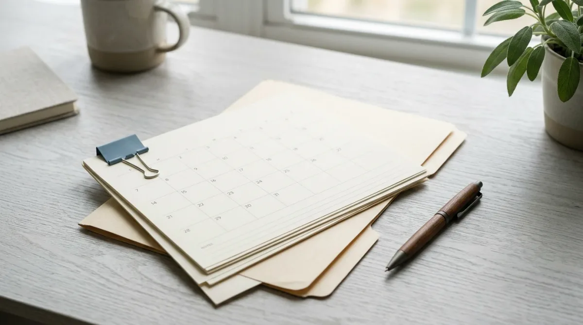 Folder, calendar pages, and pen on a gray desk