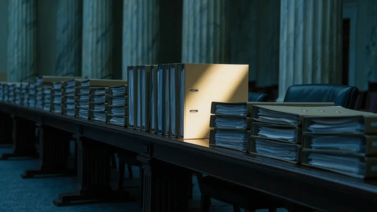 Regulators' conference table with stacked review dockets under task lighting