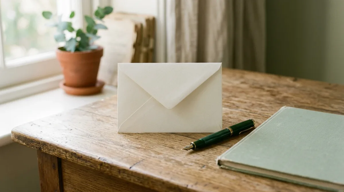 Manuscript envelope, fountain pen, and folder on a wooden desk