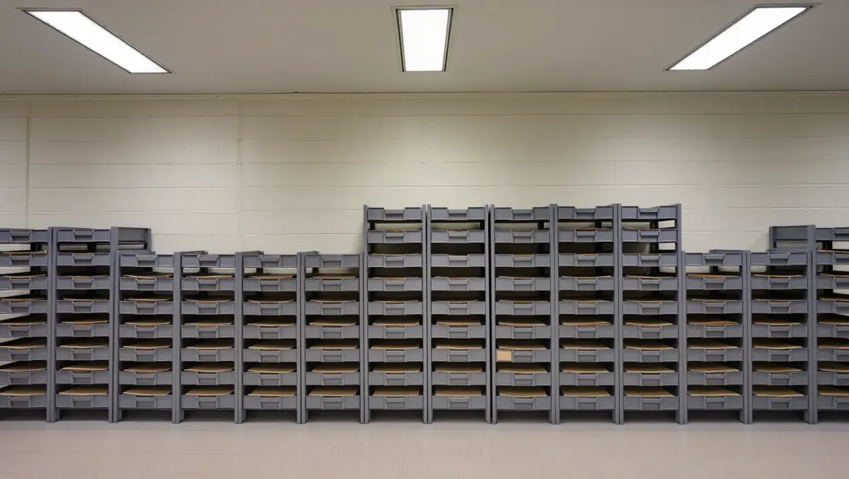 Stacked manila case files sorted into open document trays along a federal clerk's office wall