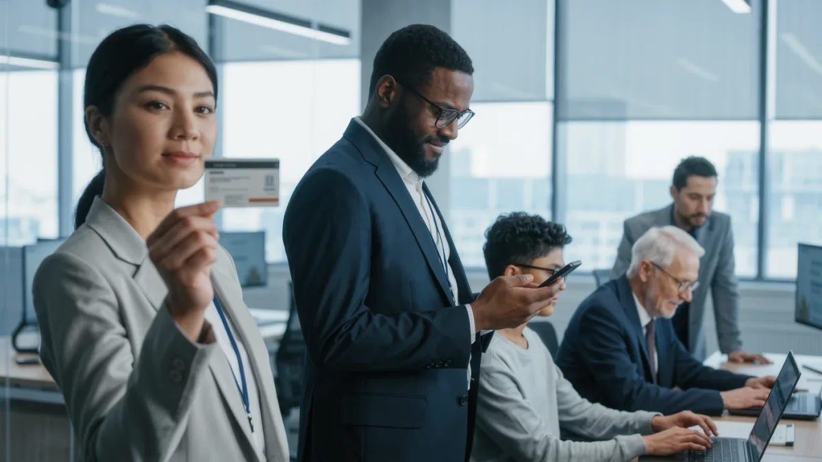 Diverse people completing identity verification on phones in a bright office