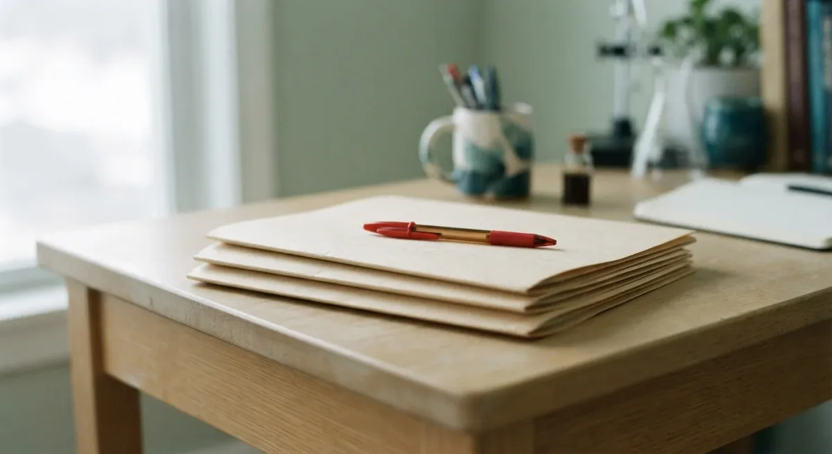 Stacked manuscript folders and red pen on a clean desk