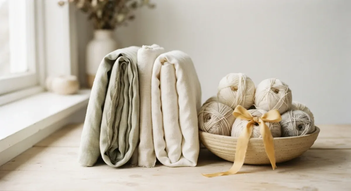 Folded fabric bolts and yarn in neutral tones
