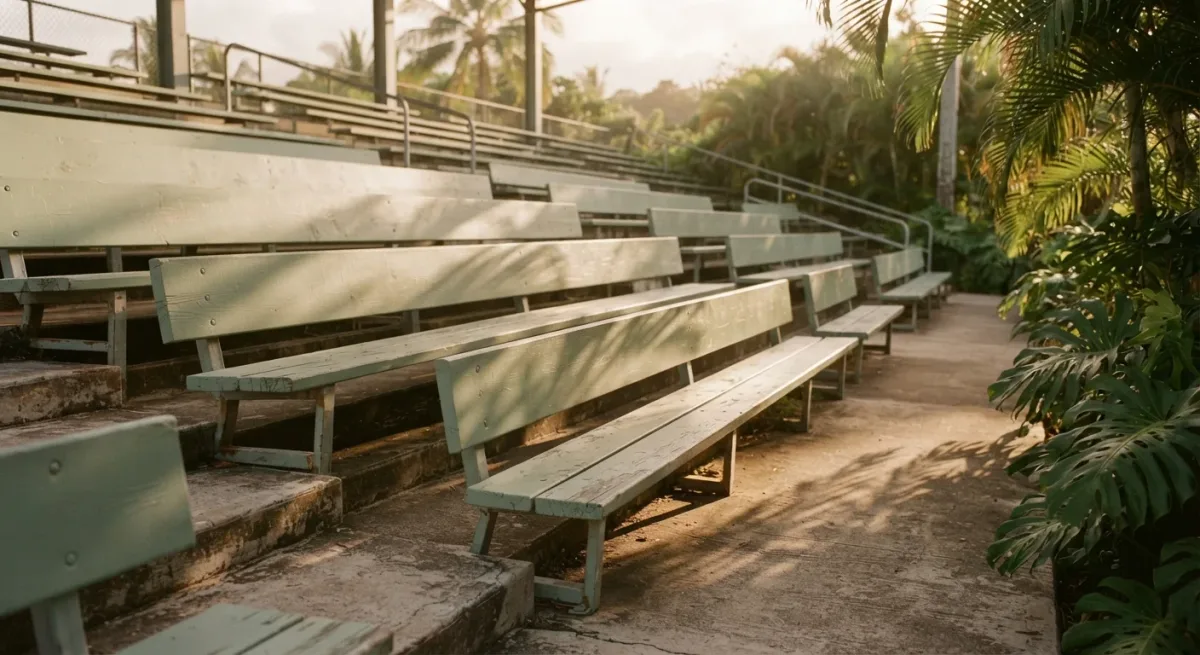 Bleacher seats and palm shadows under stadium lights