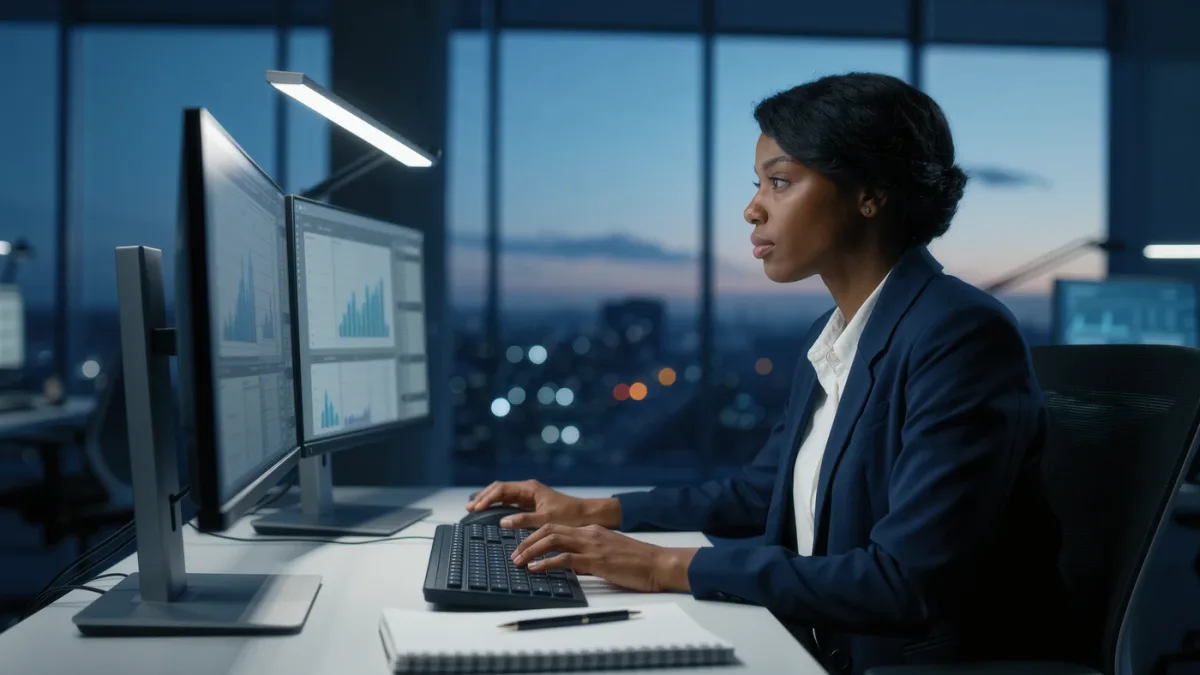Security analyst reviewing a vulnerability feed on dual monitors