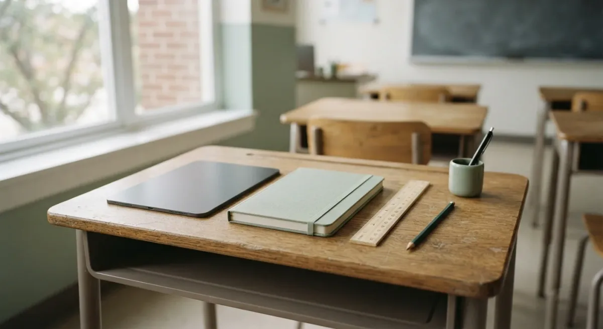 Notebook, ruler, and tablet on an empty classroom desk