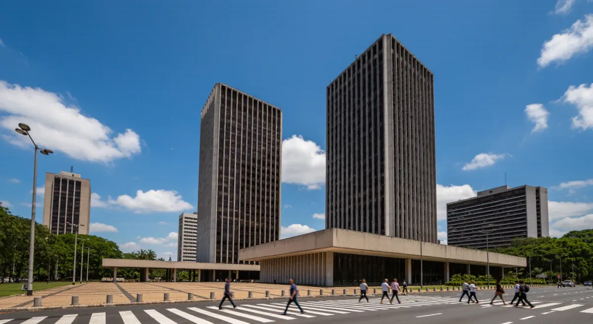 Pedestrians passing the Central Bank building in Brasília