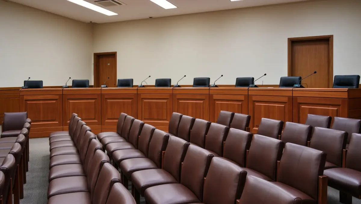 Empty hearing room with raised bench and microphones