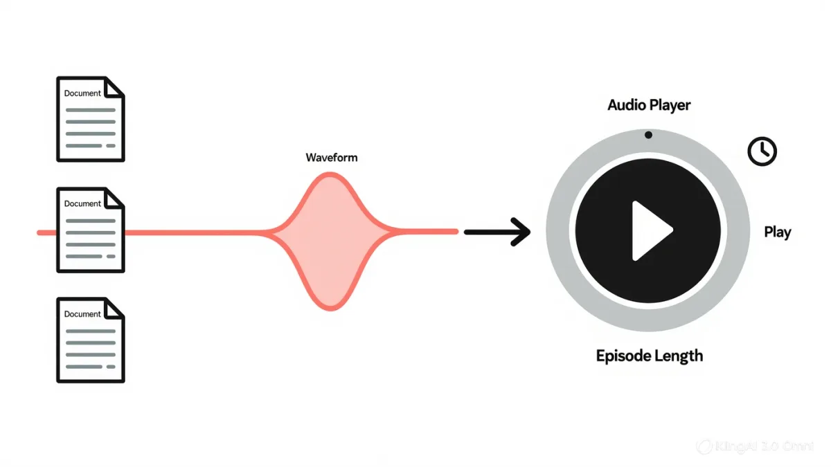 Infographic showing documents flowing into an audio waveform episode