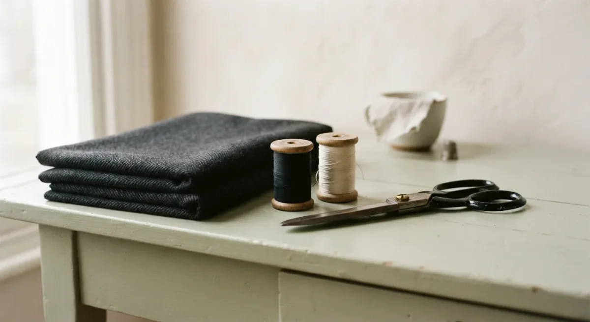 Two spools of thread and folded charcoal fabric on a worktable
