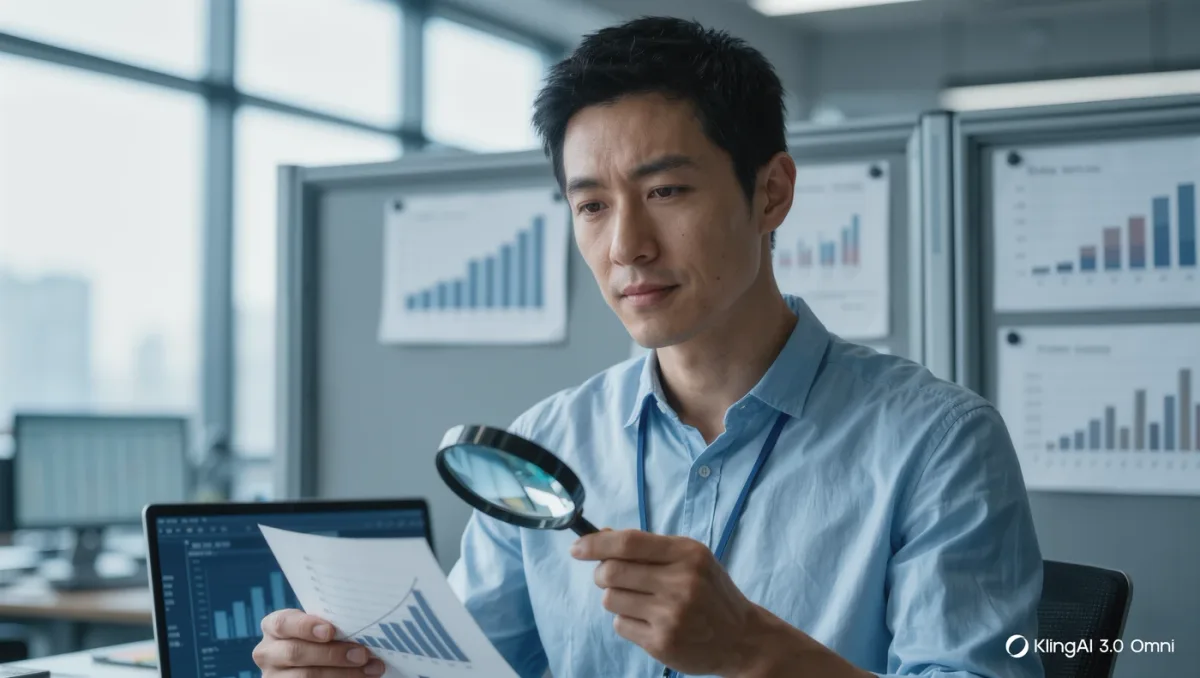 Data scientist examining score charts with a magnifying detail printout
