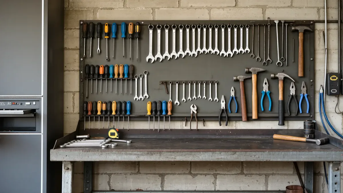 Workshop wall with a pegboard of worn hand tools