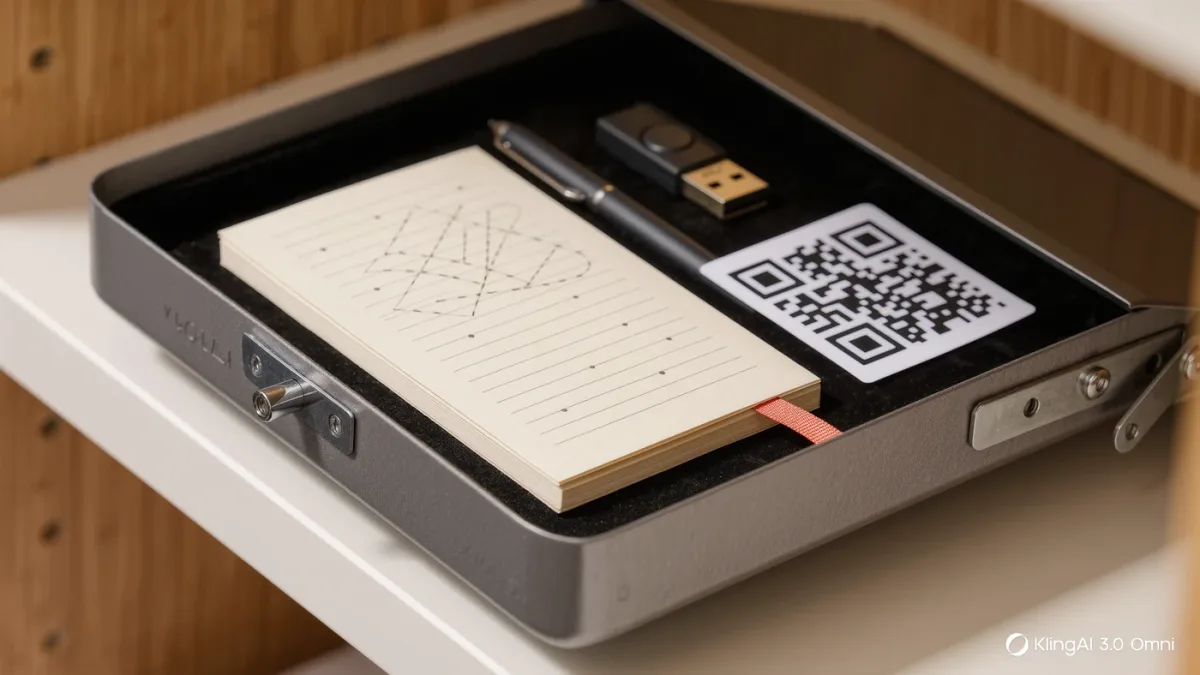 Close-up of a paper notebook and USB key stored in a small home safe