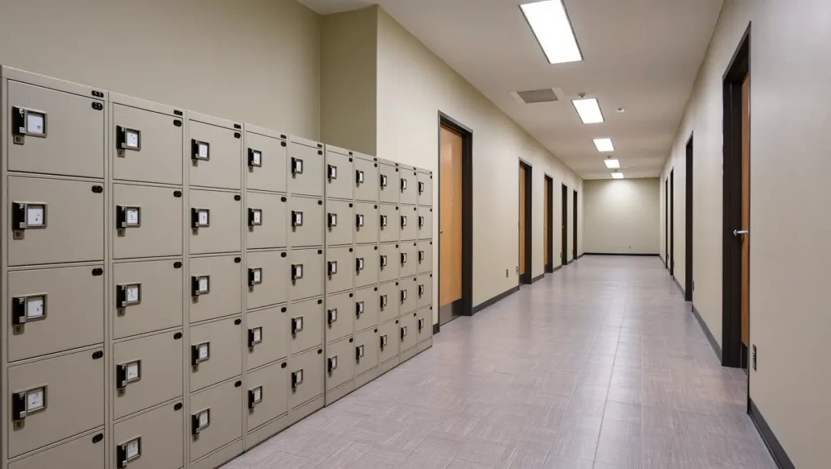 Institutional corridor of a federal office building in flat daylight