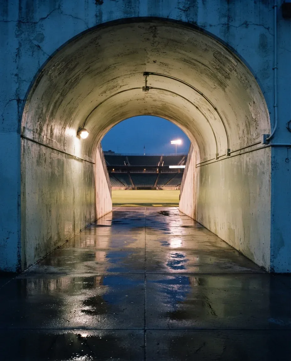 Empty stadium tunnel lit by warm floodlights at dusk