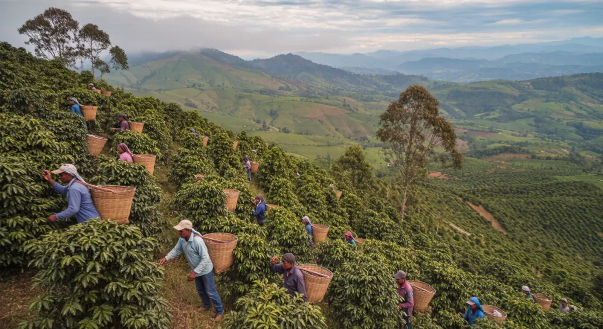 Coffee pickers at work on a Minas Gerais hillside
