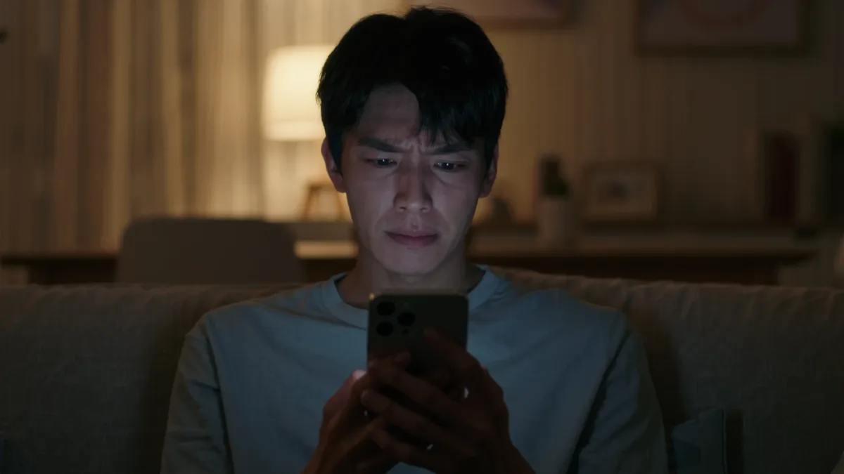 Young person checking a dating app on a phone with a worried look