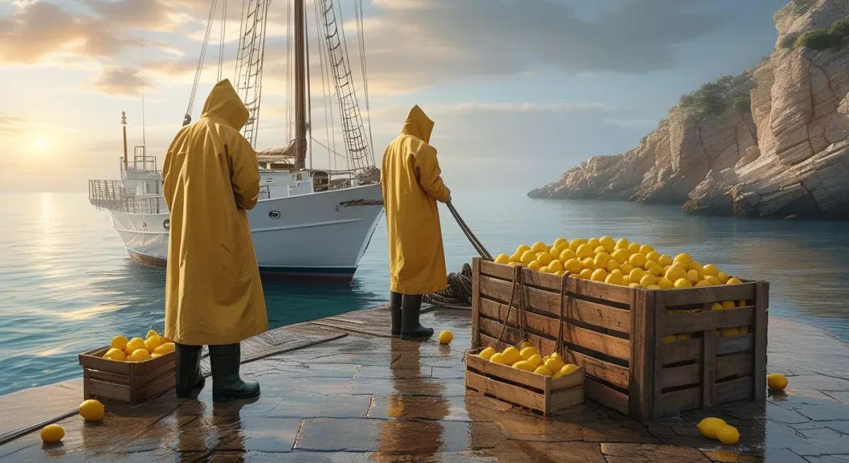 Fishermen unloading lemon crates at a stone quay, Sorrento, morning