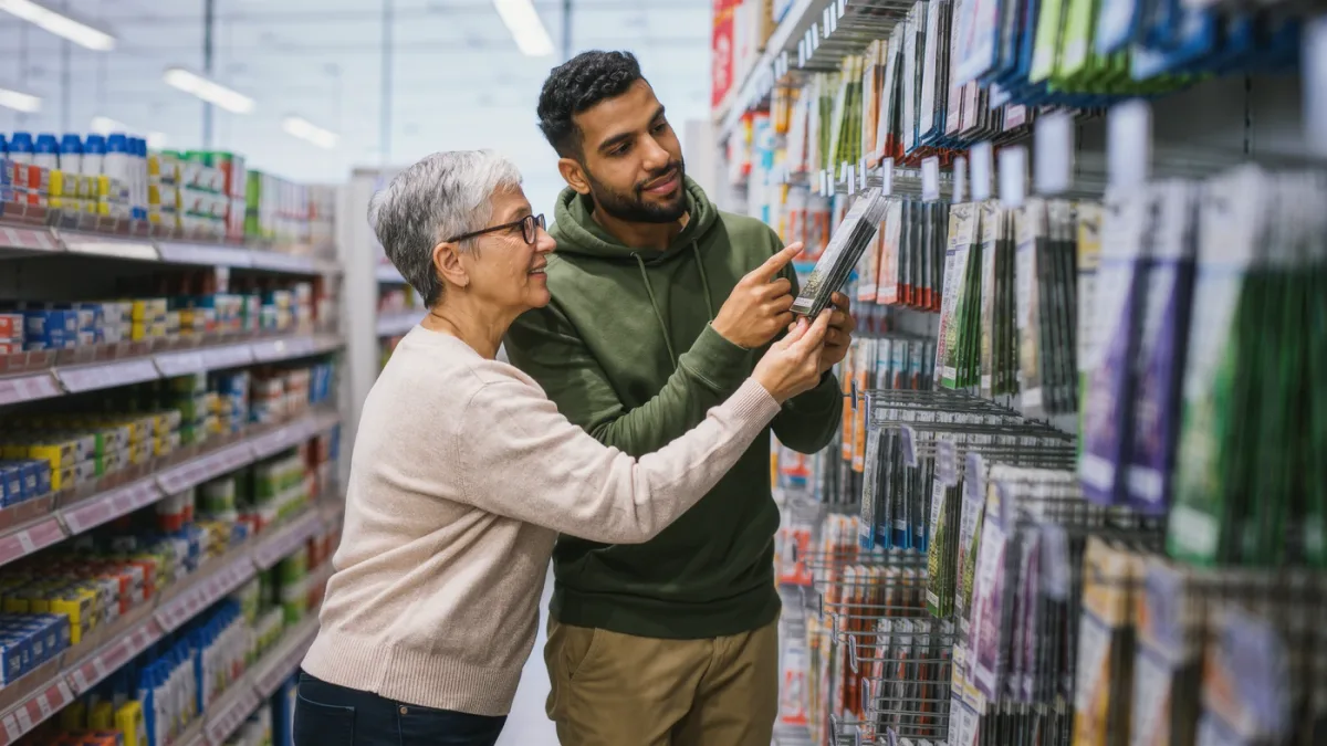 Shoppers looking at colorful electronic shelf labels in a store aisle