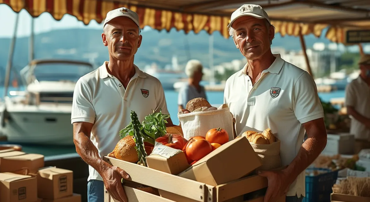 Crew loading produce crates at Mediterranean market quay