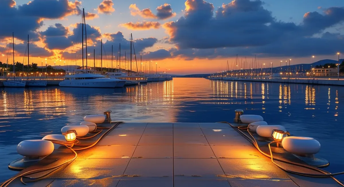 Marina pontoon at dusk with coiled hoses and cleated lines