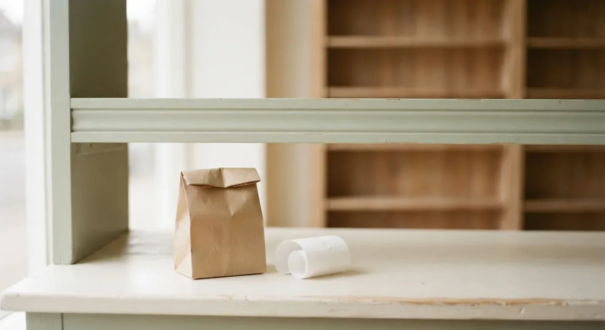 Plain pharmacy shelf and small closed paper bag on a pale counter