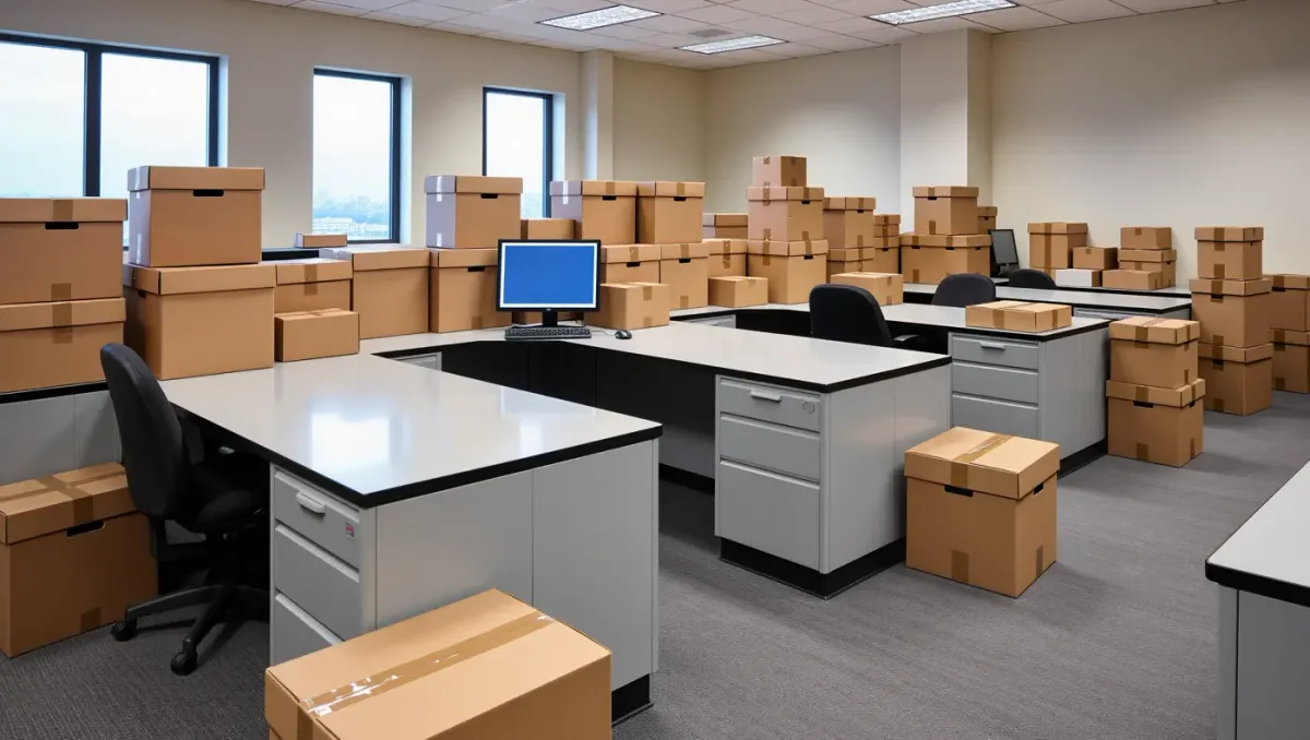 Government office bullpen with boxed files and cleared desks in flat light