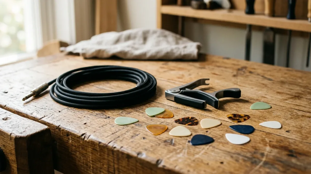 Guitar picks and coiled cables on a workbench