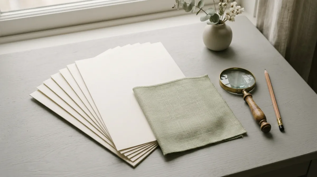 Report pages, fabric swatch, and magnifier on a desk