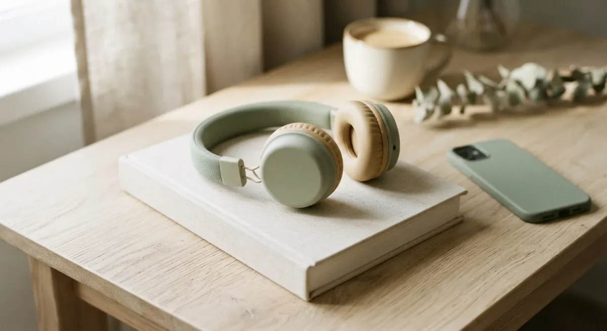 Headphones resting on closed book beside phone