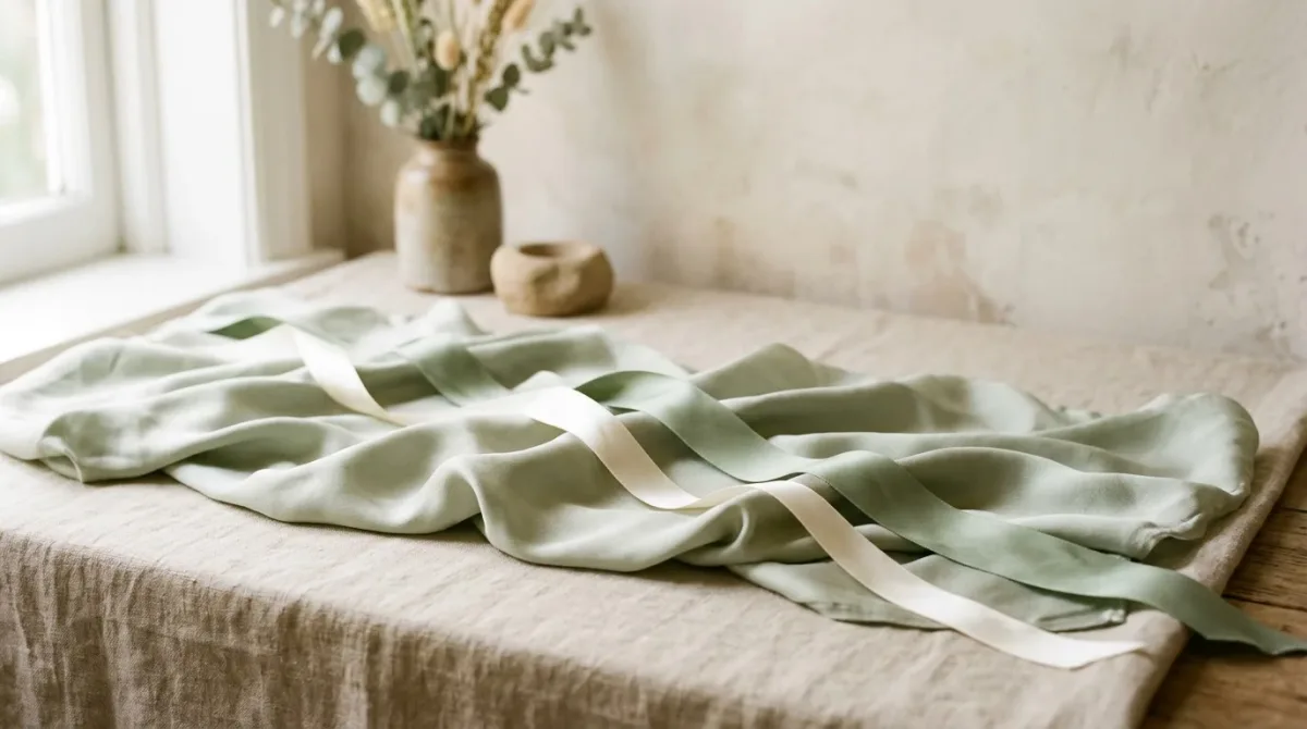 Draped silk fabric with satin ribbons in golden light