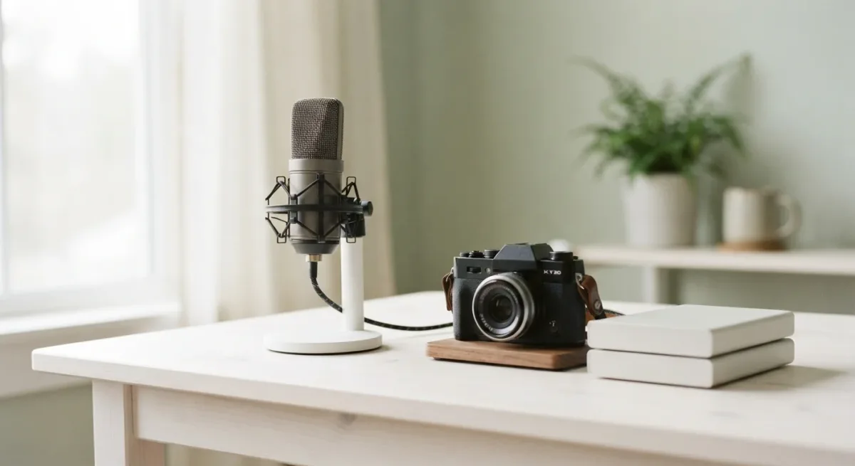 Studio microphone and camera beside stacked plain storage drives
