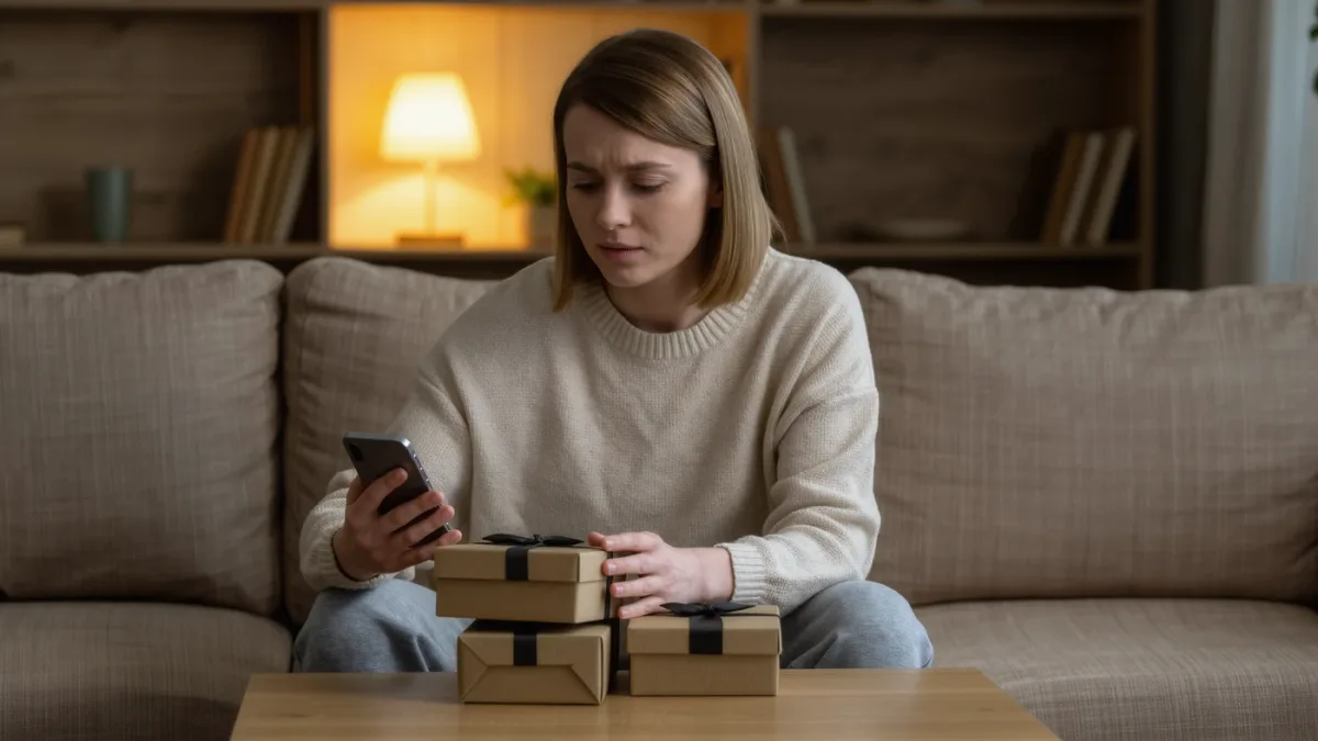 Shopper comparing prices on a phone beside packages at home