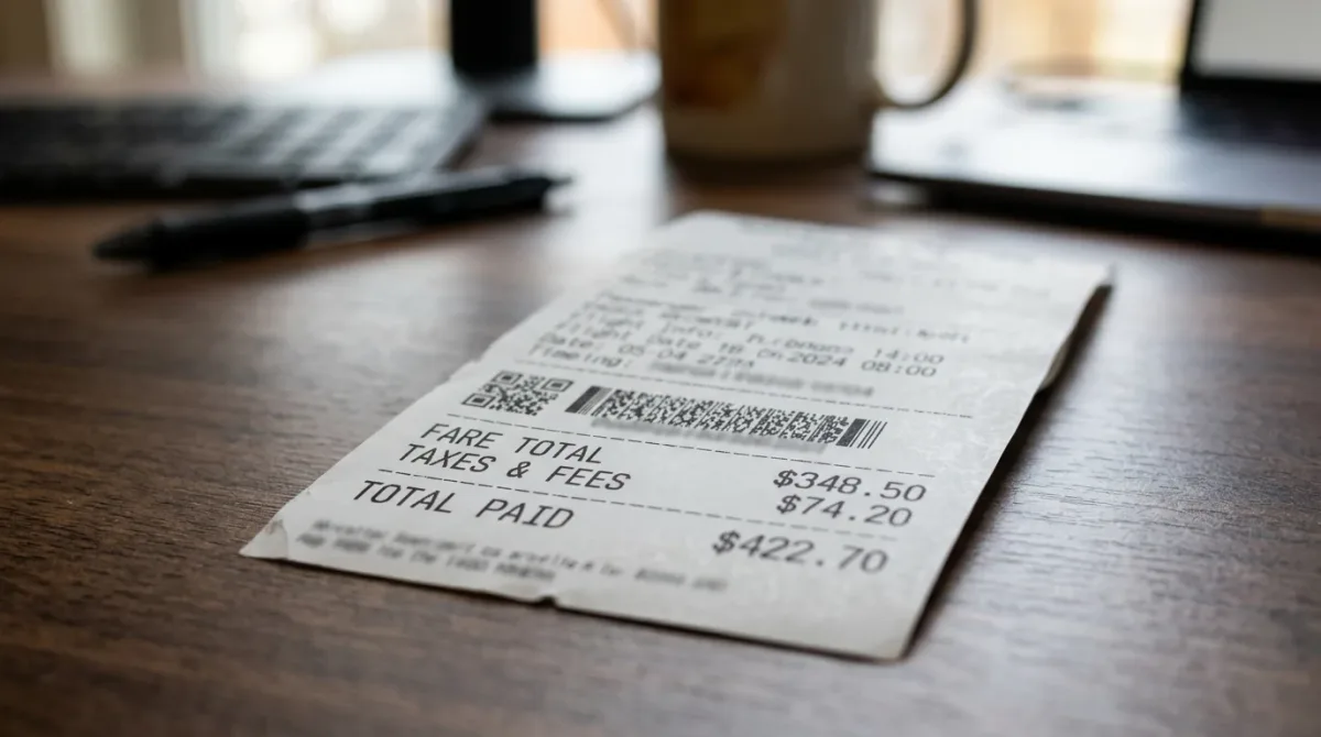 A boarding-pass-style airfare receipt where the total-price line and the tax/fee line sit in matching type size, evoking the regulatory debate over fare-ad promi.
