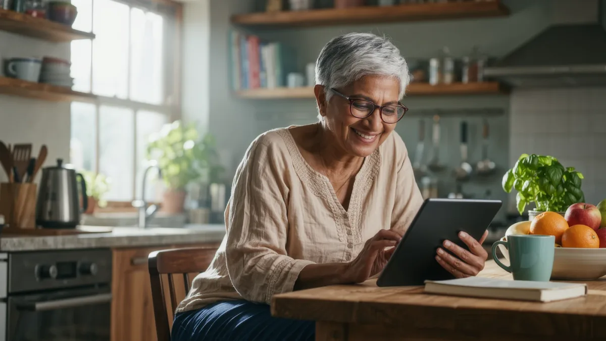 Older writer uploading her first ebook on a tablet in kitchen