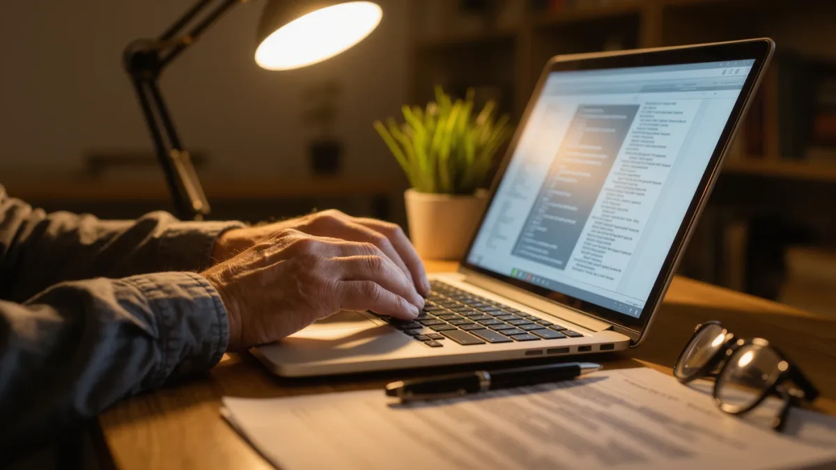 Hands typing on a laptop beside a printed recovery code sheet