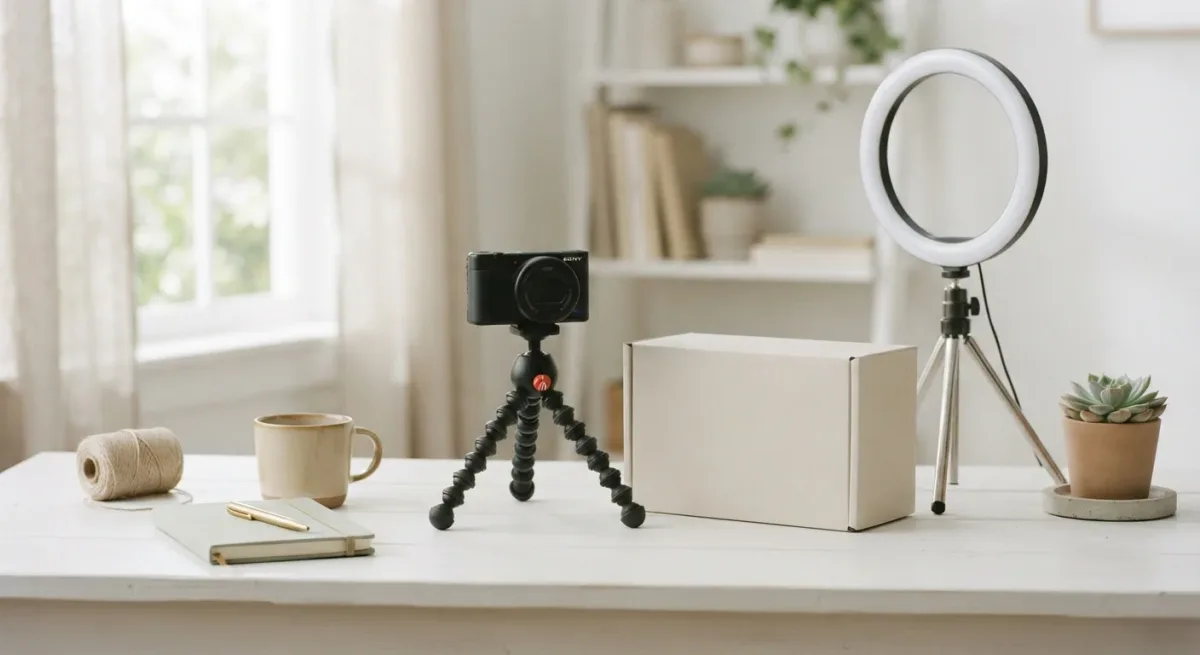 Creator desk with ring light, camera, and plain packaging