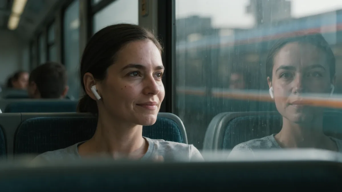 Commuter wearing earbuds on a morning train, city window behind