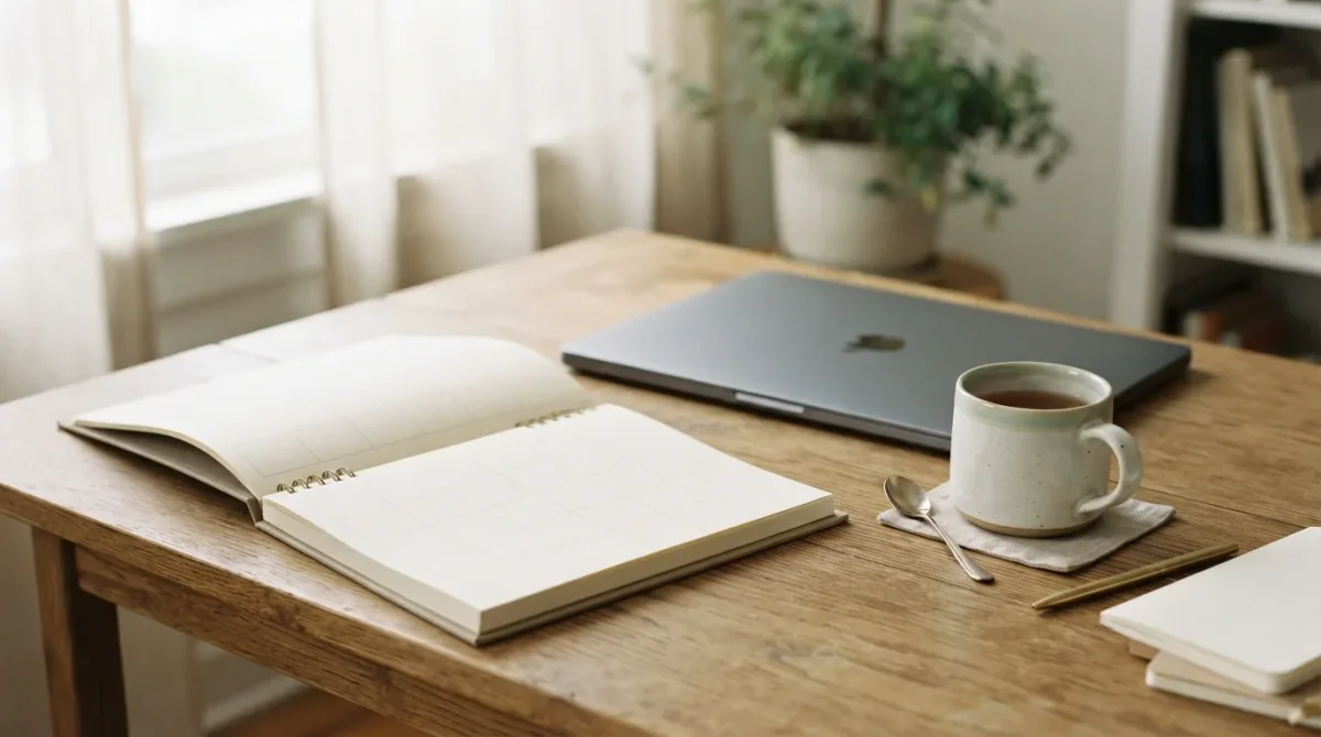 Paper desk calendar and closed laptop on wooden desk, morning light