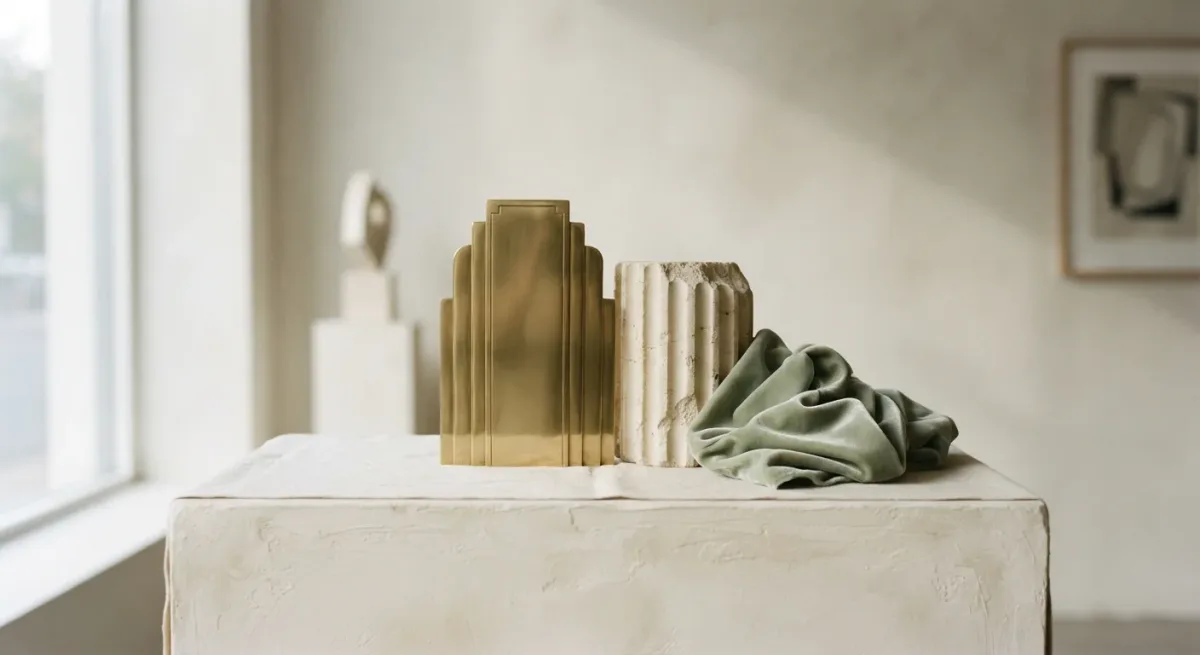 Art Deco lobby detail suggestion with brass elevator doors rendered abstractly