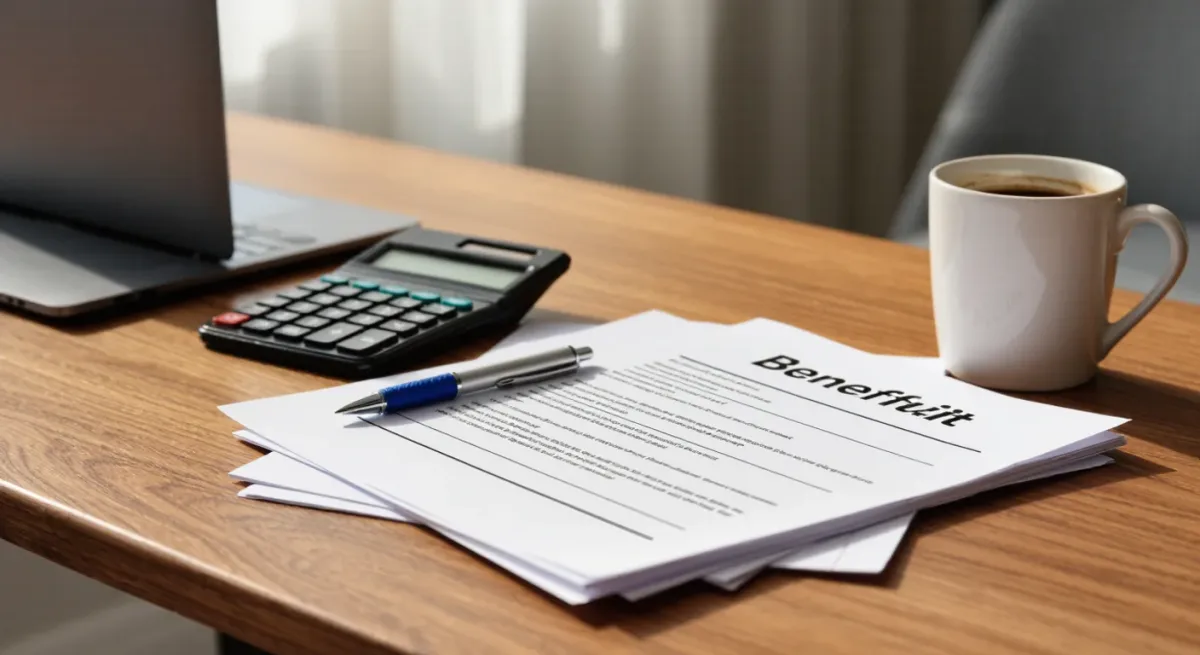 Desk with benefit statements, calculator and coffee in an office