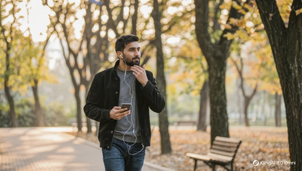 Person dictating into a phone while walking a park path in morning light