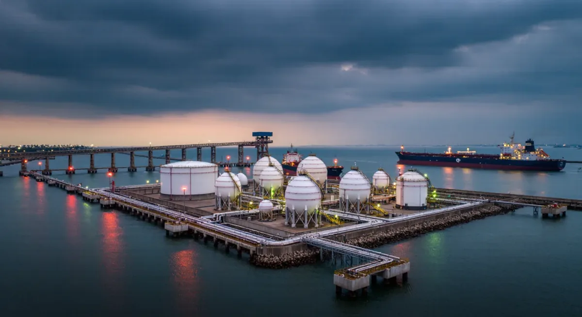 LNG storage tanks and jetty at an export terminal