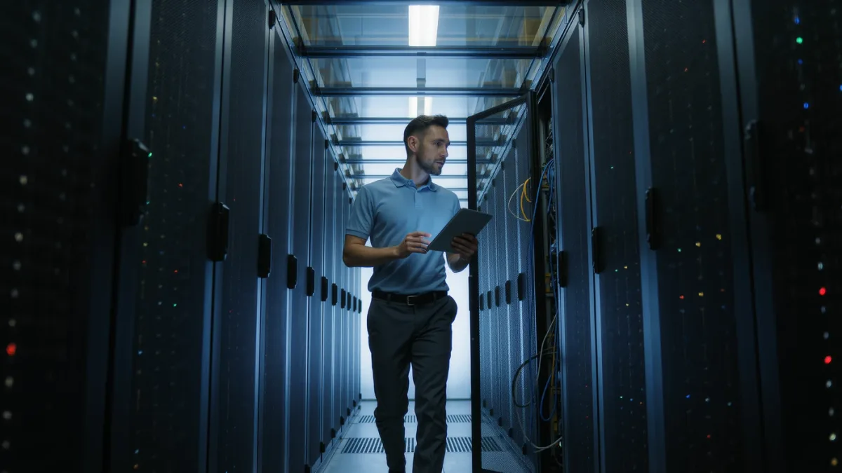 System administrator applying urgent patches across server racks