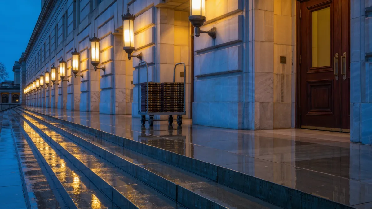 State capitol corridor at dawn beside bound legislative journals