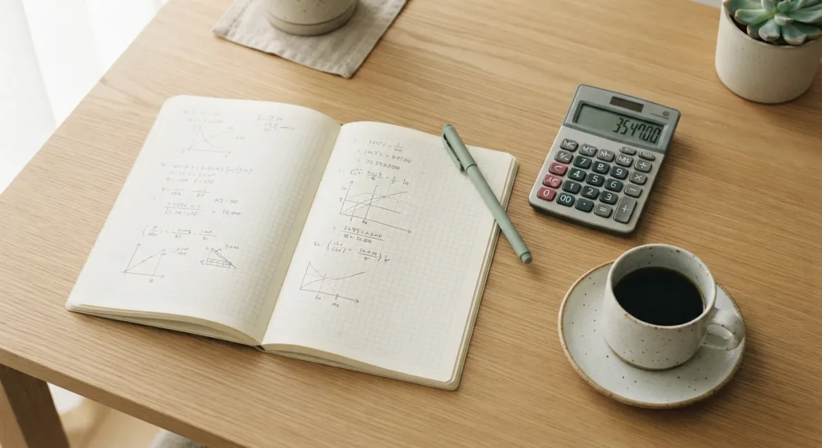 Notebook, calculator, and coffee on a bright desk