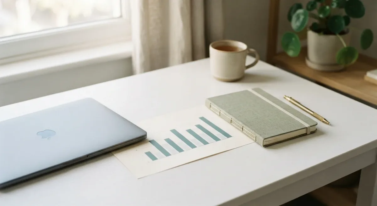 Laptop with dark screen and printed charts on a tidy white desk