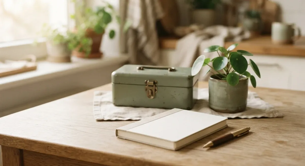 Closed small safe and a notebook on a kitchen table in soft morning light