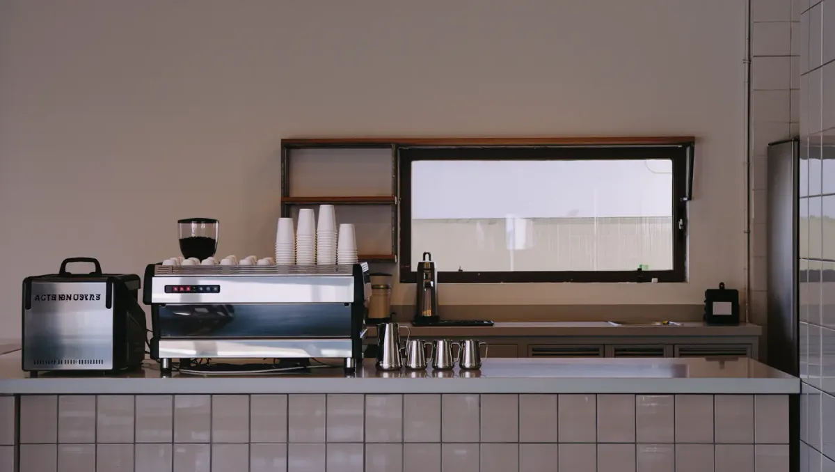 Empty cafe counter and espresso station in flat daylight