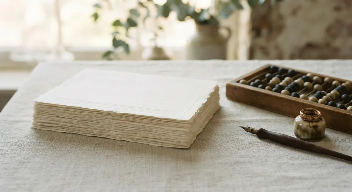 Stacked paper Treasury certificates beside an abacus and pen